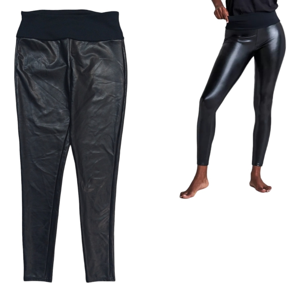 Assets by Spanx Black Glossy Faux Leather Leggings Shaping Waistband 20258R